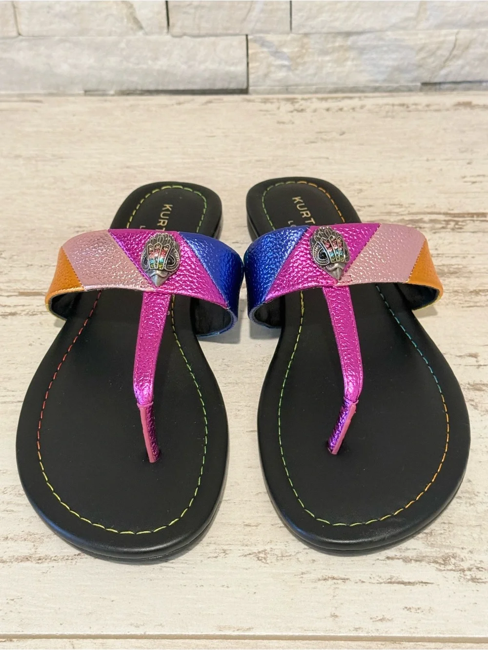 Kurt Geiger Kensington T-Bar Metallic Leather Slip On Sandals Sz 38.5 EU 8 NEW - Picture 6 of 15